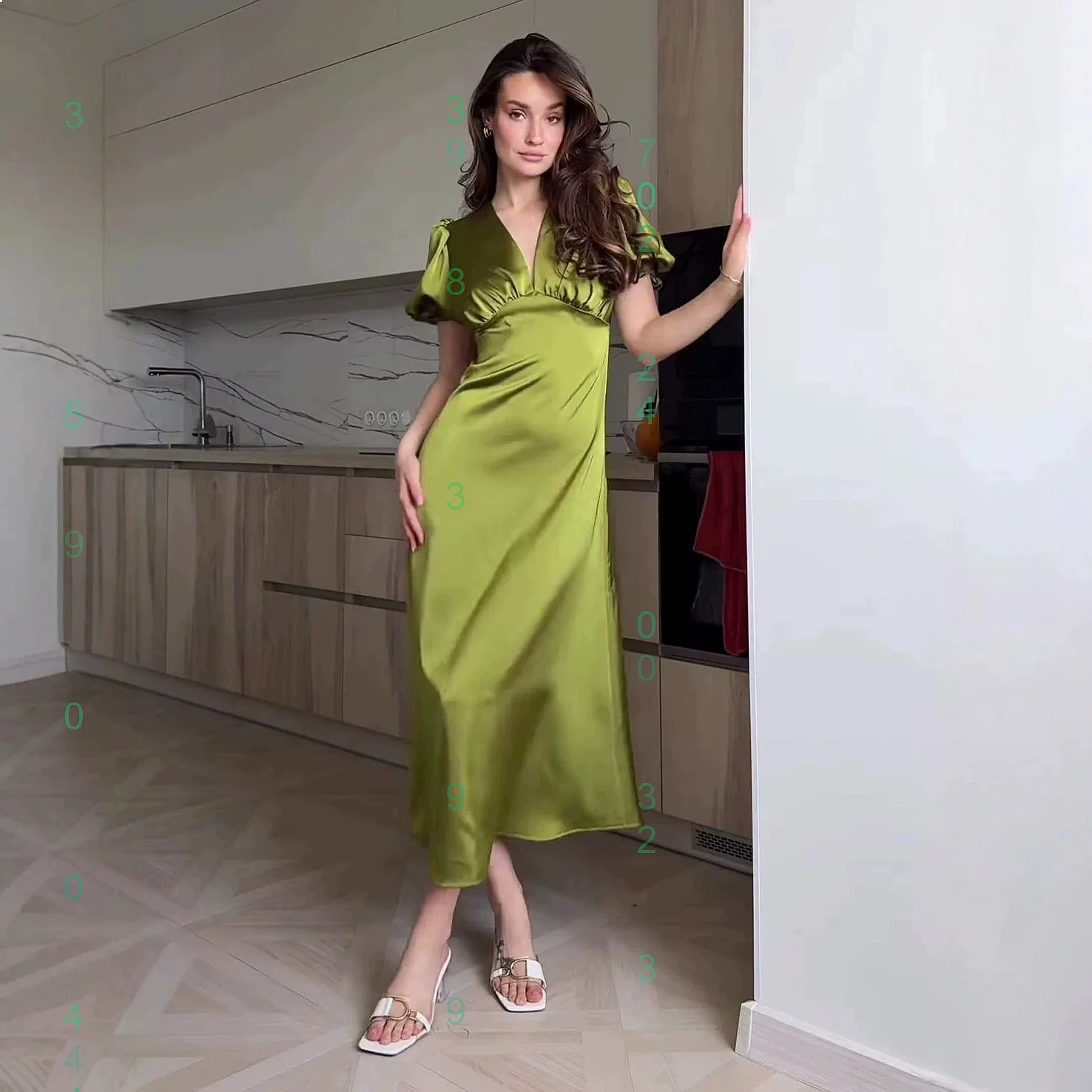 

V Neck Satin Dress Summer Short Sleeve Dresses Women Solid Color Slim Waist Elegant Overall Jumpsuit Matching Set