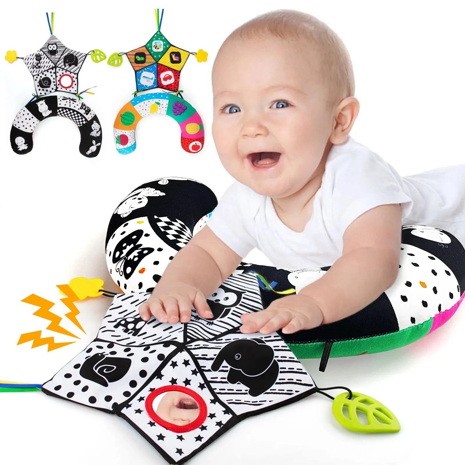 Baby Pillow Tummy Time Toy Black and White High Contrast Baby Toy with Mirror Montessori Sensory Toy for Infant Toddler