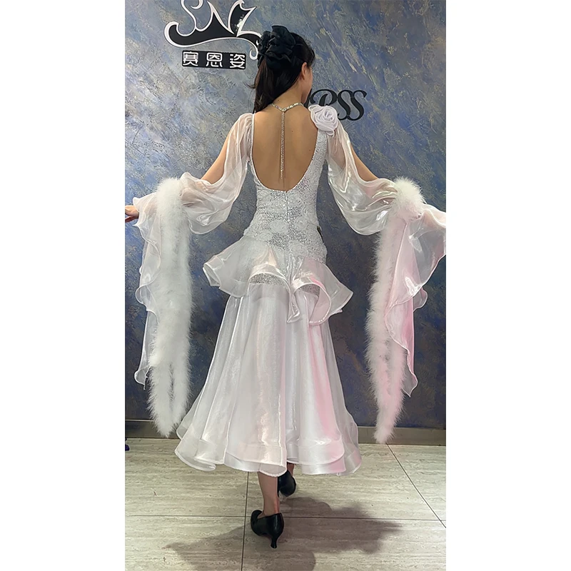 2026 White Ballroom Dance Competition Dress Women Waltz Dance Costumes Feather Sequin High End Prom Dress Performance Wear 18420 view 3