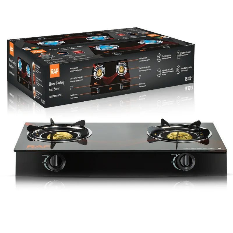 

Tabletop gas stove with dual burners and anti-flare protection