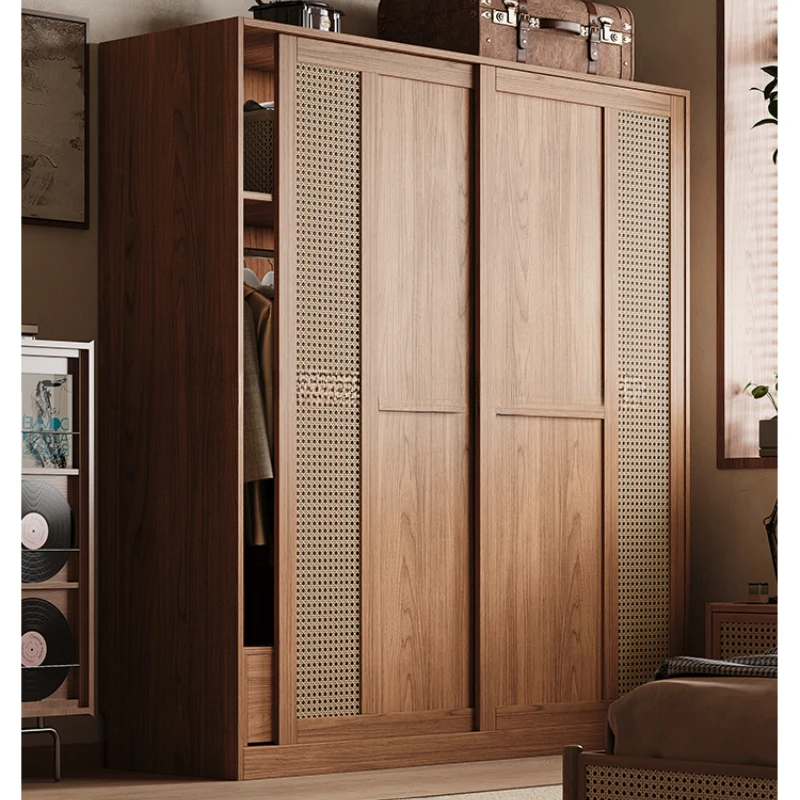 Armario Grande con Cajones, Ropero Nórdico de Ratán para Mujer, Armario de Almacenamiento con Puertas Correderas, Organizador, Mueble para Adolescentes, Armario para el Hogar