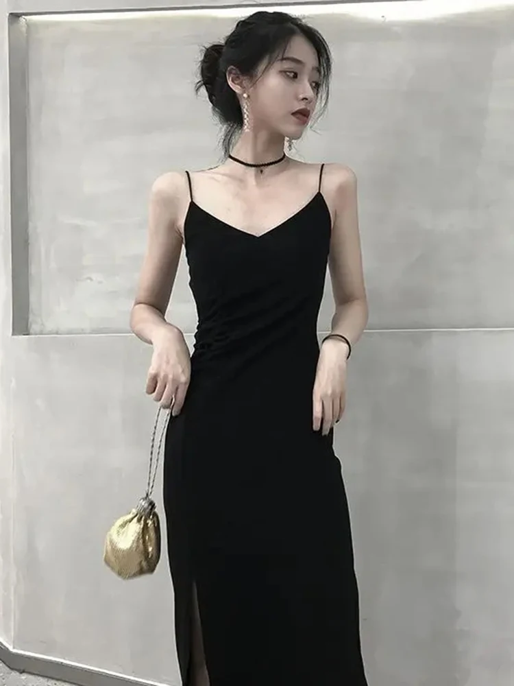 2025 mode zomer vrouwen jurk vestidos de mujer effen geplooide split jurken vrouwen hoge taille temperament sling sexy gewaad femme