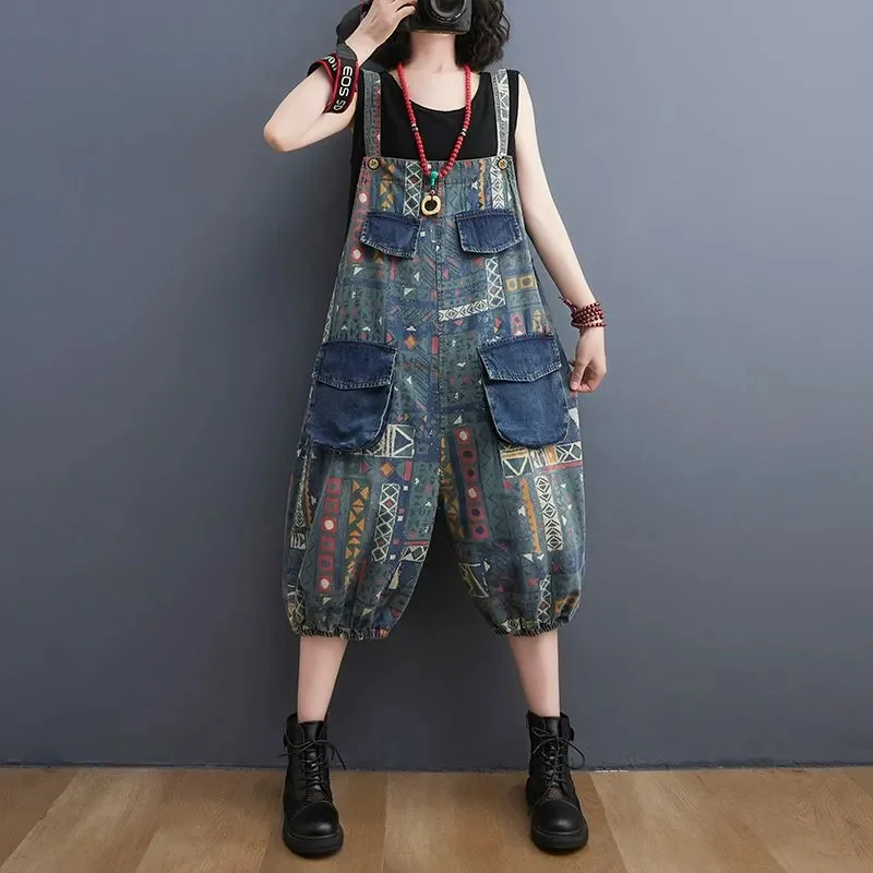 Printed Denim Shoulder Strap Lantern Pants For women 2024 Summer Loose Sleeveless Personalized Jumpsuit Female Casual Wear