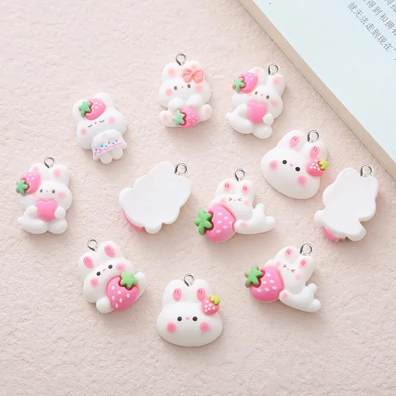 

10Pcs Light Pink Strawberries Rabbit Pendant DIY Female Earrings Necklace Pendants Bracelet Keychain Decoration Flat Back Resin