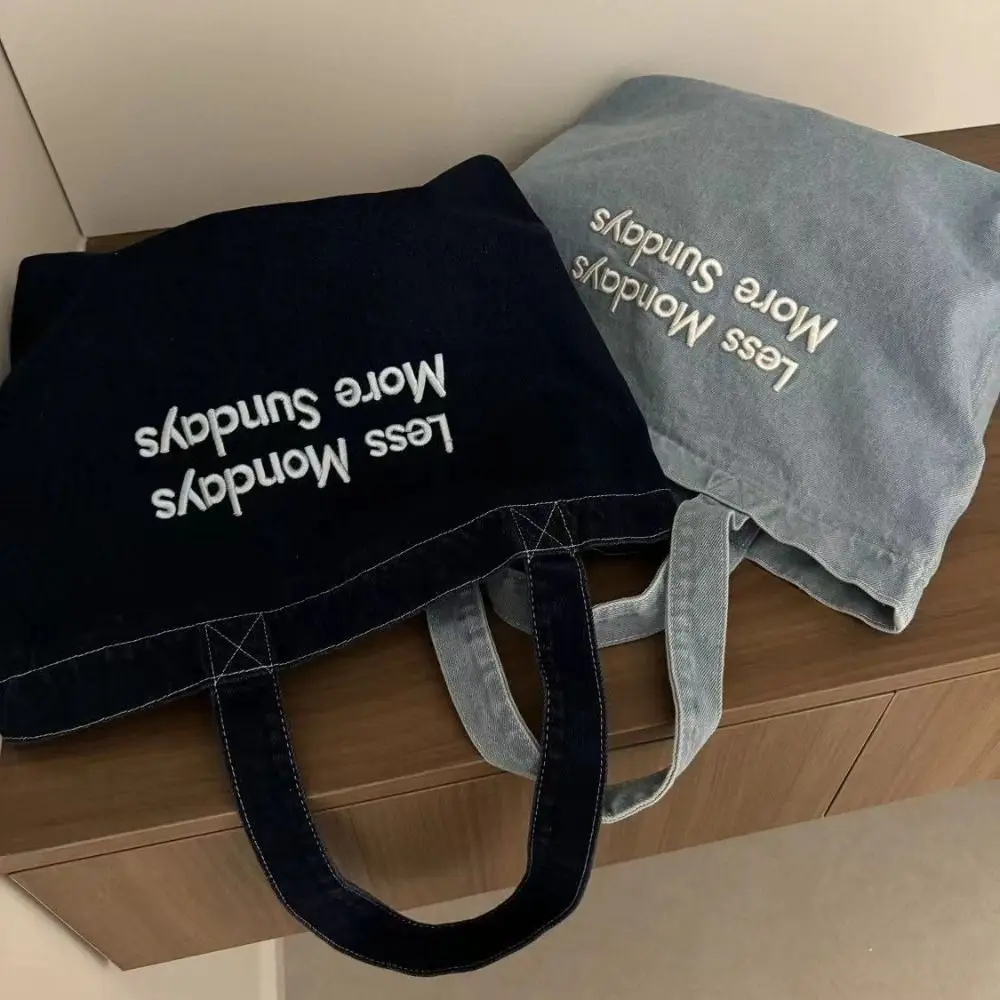 

Shoulder Bag Denim Canvas Bag letter Embroidery Street Style Vintage Handbag Solid Color Shopping Bag Simple Tote Bag Streetwear
