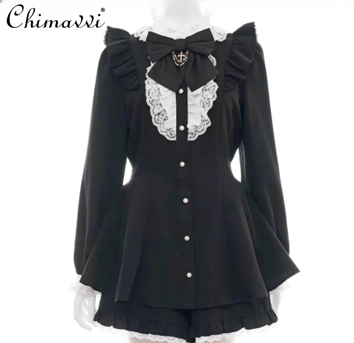 مجموعة SC اليابانية 2025 سلسلة الألغام الجديدة سلسلة الإنتاج الشامل سليم الصليب القوس طويل قصير الأكمام بلوزات + شورت قطعتين مجموعة المرأة #2