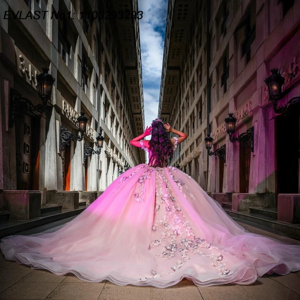 EVLAST personalizado vestido De quinceañera rosa mexicano vestido De baile 3D apliques florales rebordear dulce 16 Vestidos De 15 Anos E1QN551
