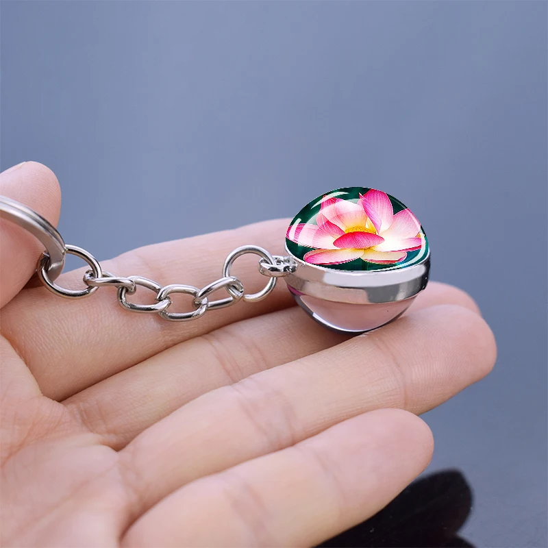 Lotus Flowers Keychains Flower Double Side Glass Ball Pendant Key Chain Beautiful Water Lily Keyring Fashion Jewelry Accessories