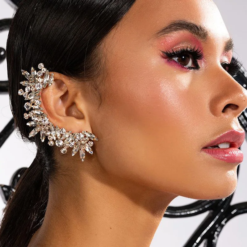 Fashion Trend Geometry Rhinestone Ear Clips Earrings for Women Wedding 2024 Crystal Earring Bride Luxury Accessories Gifts Party
