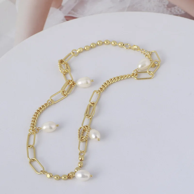 

Women ball chain necklace chunky gold plated choker with freshwater pearl pendant