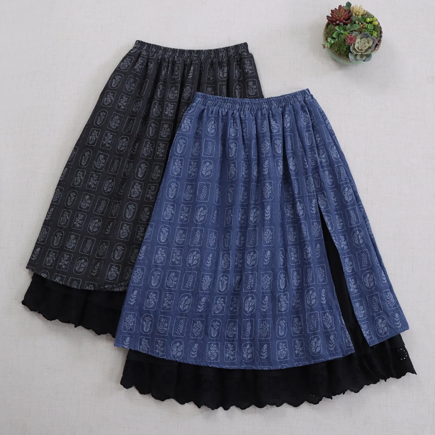 Japanese Vintage Mori Girl Floral Print Double Layer Cotton Skirts Women Autumn Elastic Waist Casual Loose A-Line Midi Skirts