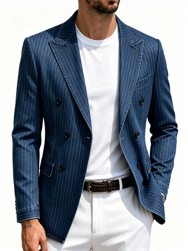 Mens Slim Fit Vertical Pinstripe Imitation Denim Blazer Men Double Breasted Casual Business Wedding Suit Jacket
