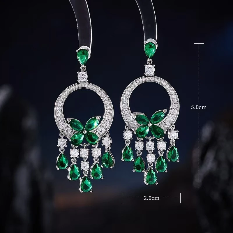 Luxury Cubic Zirconia Sterling Silver Pin Green Butterfly Tassel Dangle Earrings for Women Wedding Engagement Party Jewelry