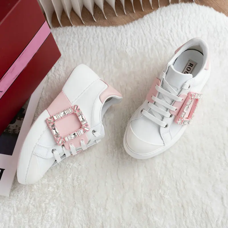 2024 new lace-up side square rhinestones with thick bottom color matching casual small white shoes sneakers