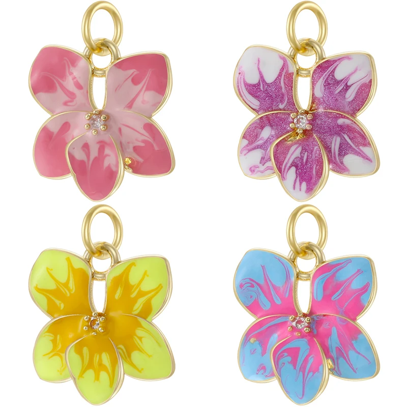 3Pcs/lot,Colorful Enamel Zirconia Flower Charms(with Open Ring)Gold-Plated Brass Pendant Women's Jewelry Making Supplies:VD2329