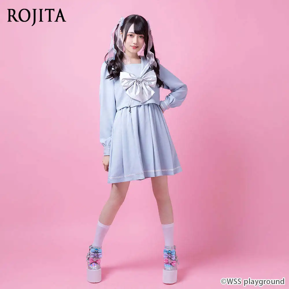 

Japanese Style Long Sleeve Dress with Fake Two-Piece Design Big Bow Sweet Navy Collar Blue Pleated Dress