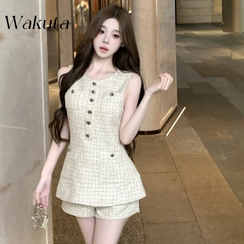 WAKUTA Vintage Round Neck Sleeveless Single Breasted Small Fragrance Sets Women\'s Yazhu Pian Vest Short Two Piece Matching Sets