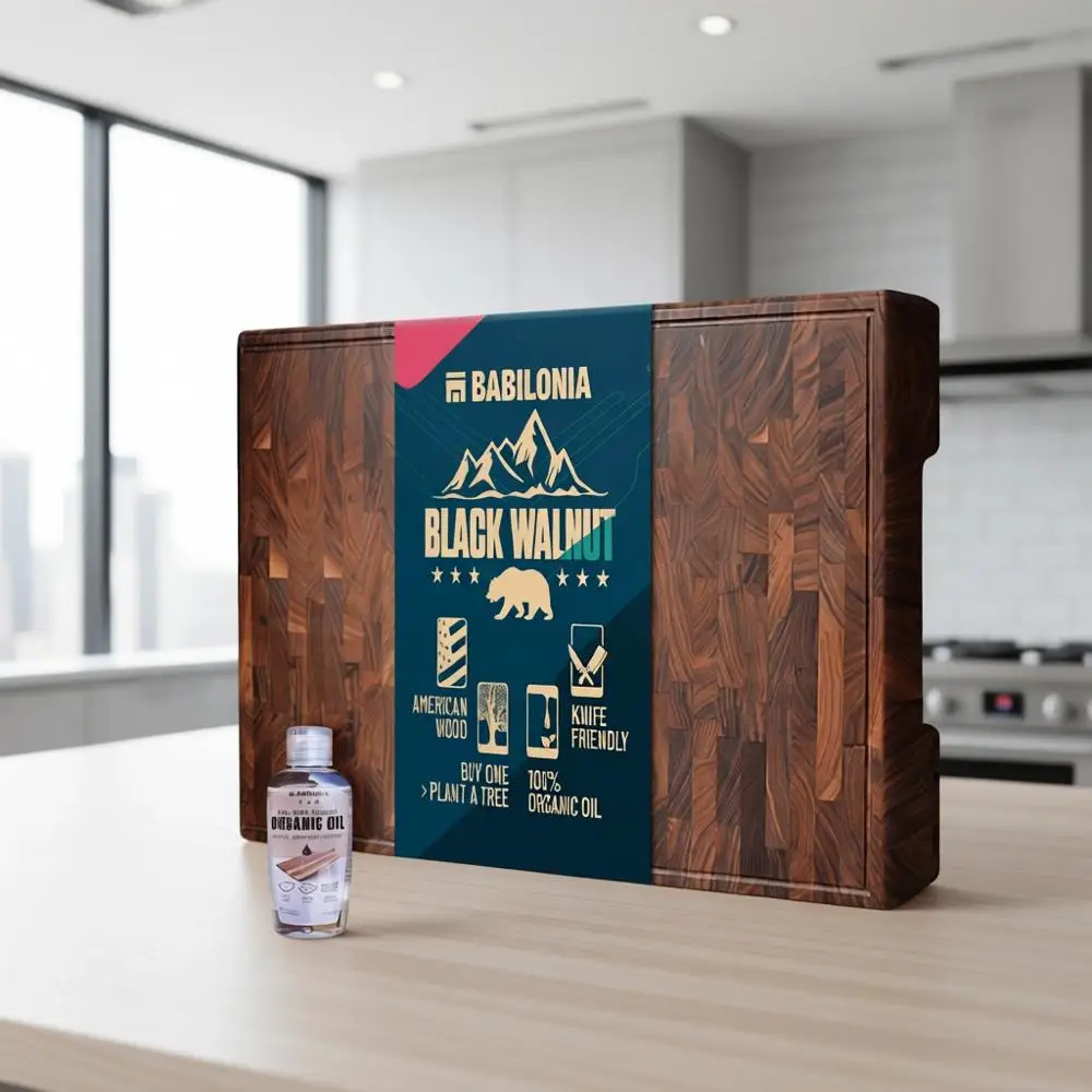 

Толстая разделочная доска из черного ореха (1,7 дюйма) - 15,7x10,2 дюйма, премиум-качество, с маслом и подставкой