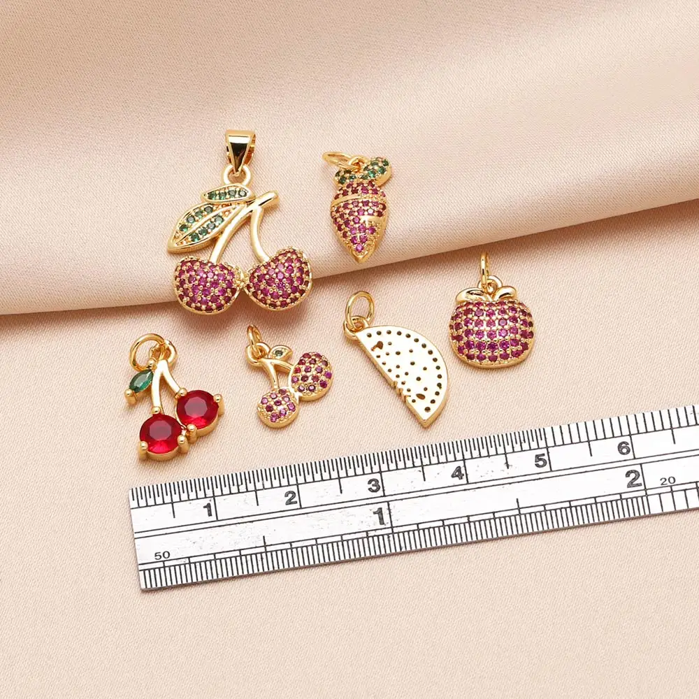 OCESRIO Fuchsia Crystal Cherry Fruit Charms for Bracelet Copper Gold Plated Watermelon Carrot Jewelry Making Accessories chma332