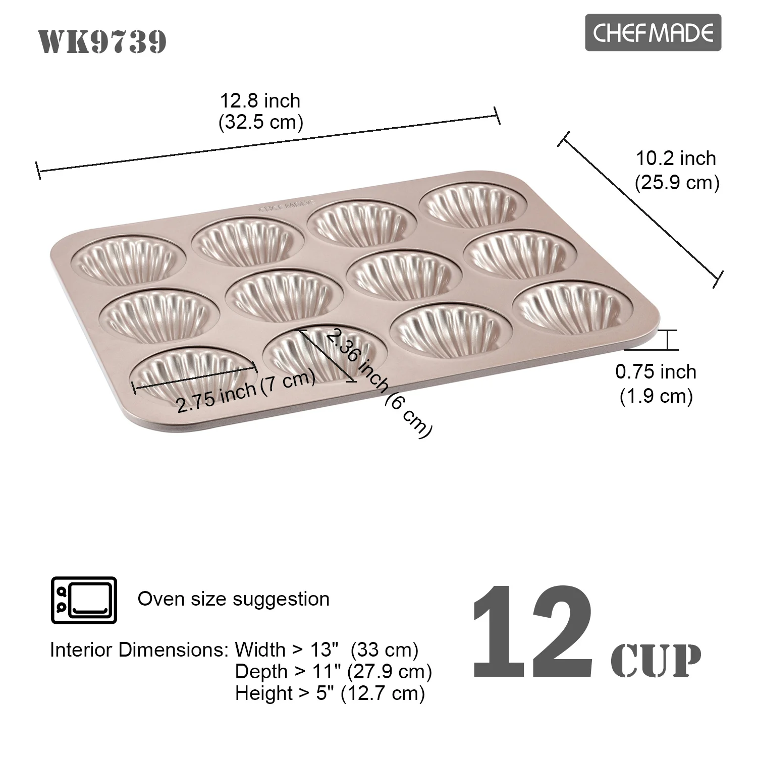 CHEFMADE Madeleine Mold Cake Pan, 12-Cavity Non-Stick Scallop Madeline Bakeware for Oven Baking (Champagne Gold)