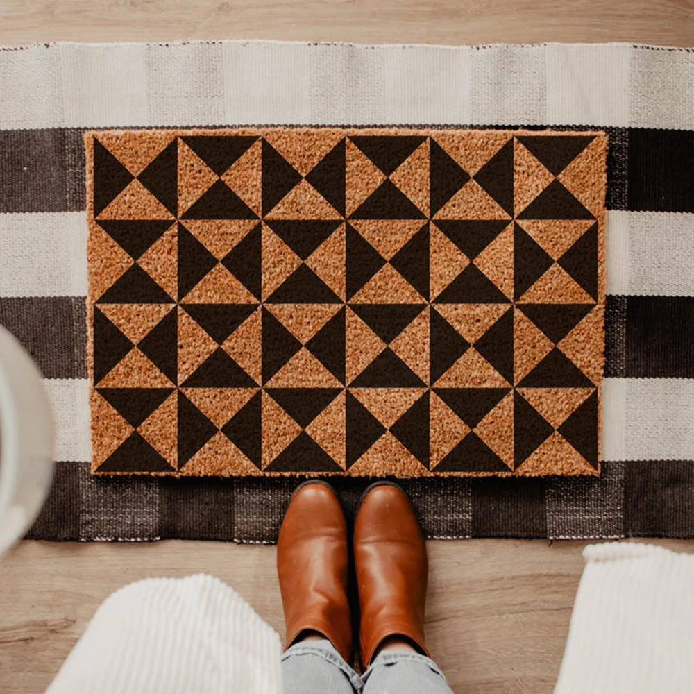 Custom Made Coir Doormat Geometric Triangle Pattern Boho Entrance Rug Low Shedding Natural Coconut Fiber Non Slip Front Door