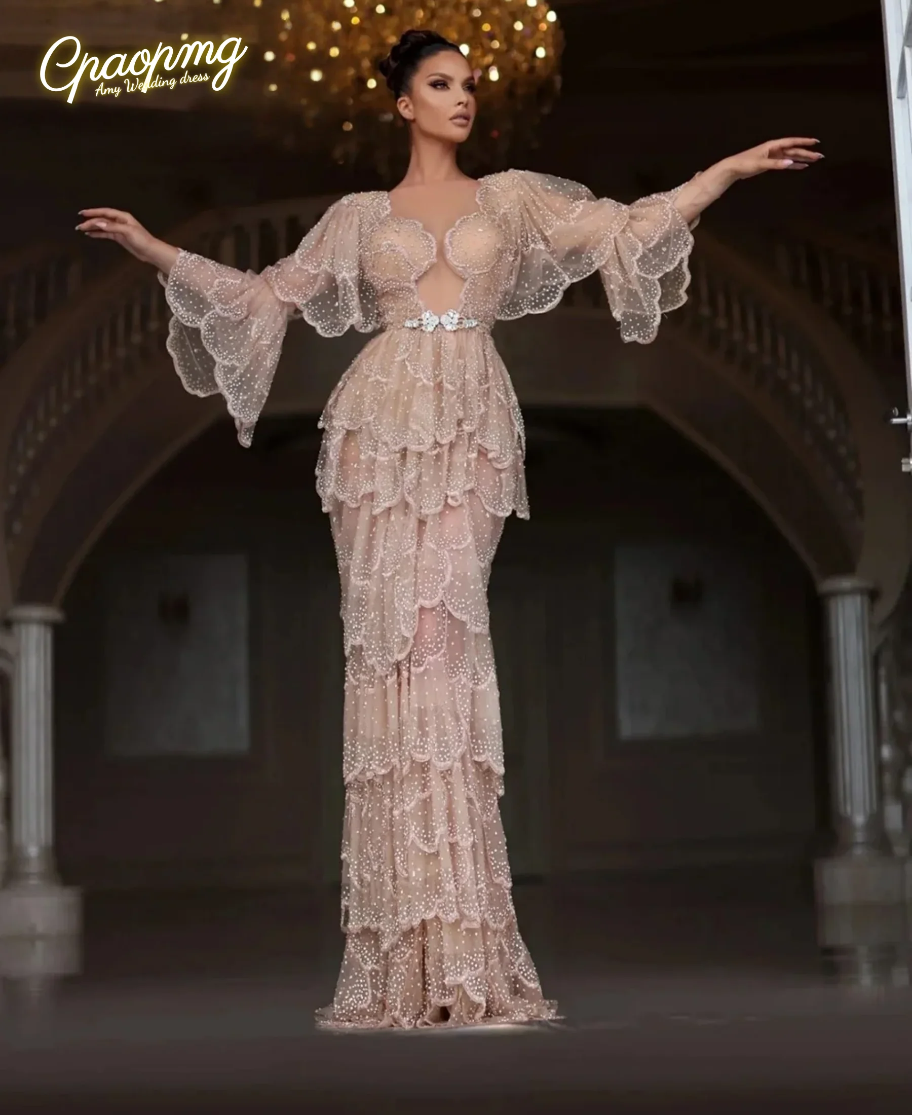 

Многослойное кружевное вечернее платье с пайетками по индивидуальному заказу, коктейльное платье с пышными рукавами и русалкой فساتين 미 مس