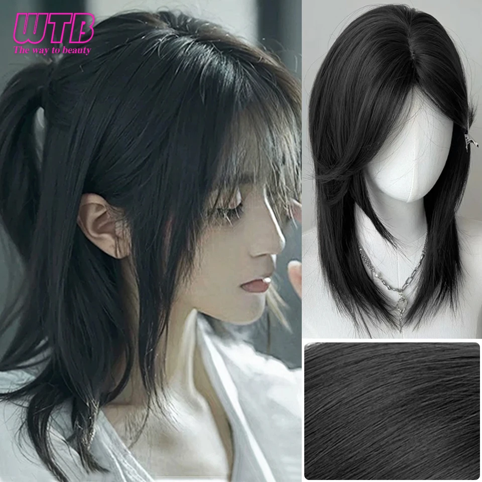 Peluca de cabeza de Mullet corta con flequillo para hombres, pelo negro liso sintético de Anime para fiesta diaria, Cosplay, resistente al calor