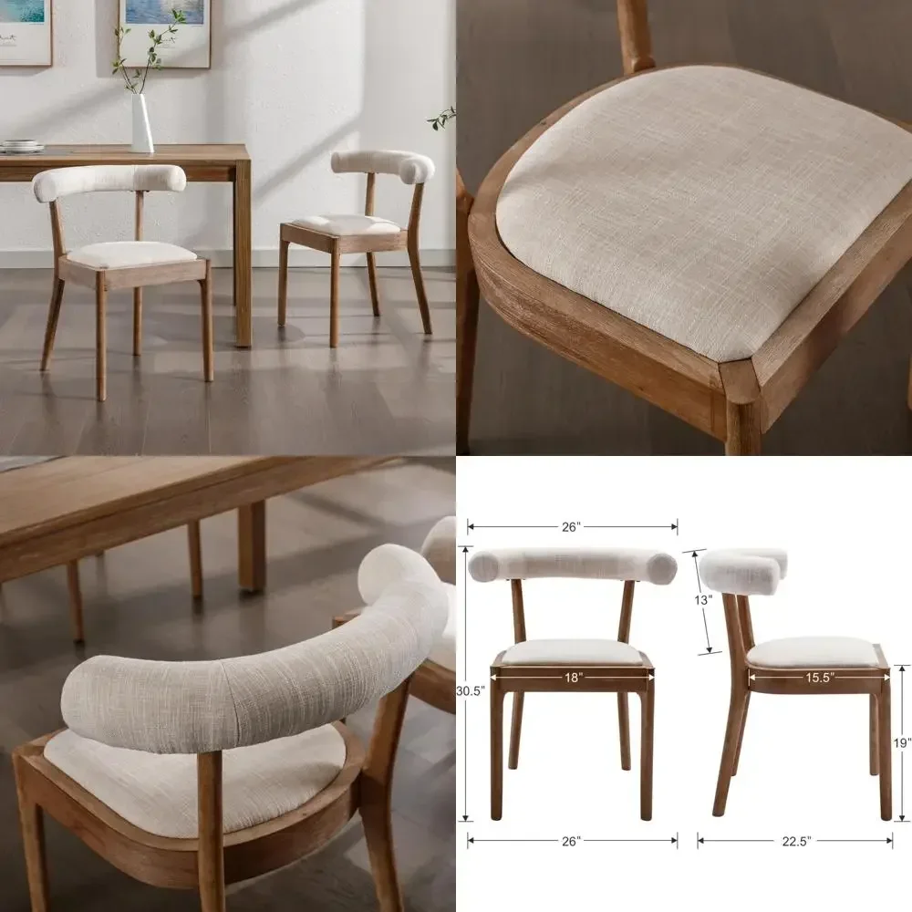 

Набор из 2 деревянных обеденных стульев, современные стулья для гостиной середины века с уникальной изогнутой открытой спиной, удобной льняной обивкой, боковой ча