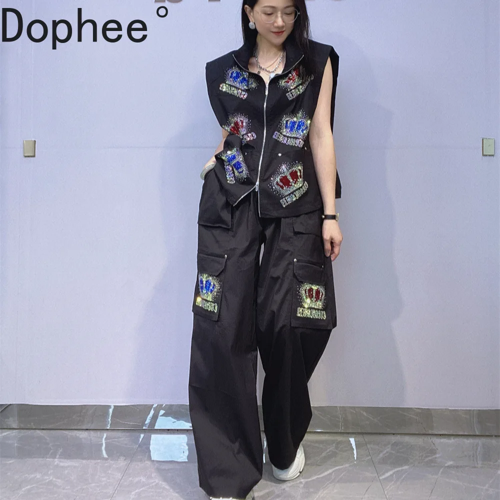 

American Street Summer Women Two-piece Set Crown Hot Drilling Zip Sleeveless Vest Coat + Elastic Waist Straight Cargo Pants Suit