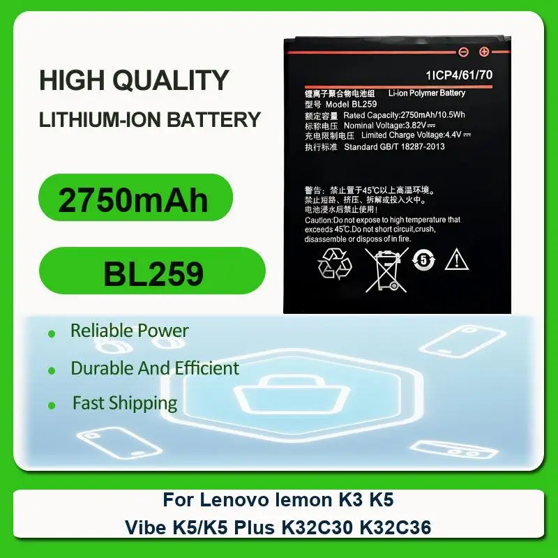 

Replacement Mobile Phone Battery For Lenovo K32C30 K32C36 lemon K3 K5 Vibe K5 / K5 Plus BL259 2750mAh