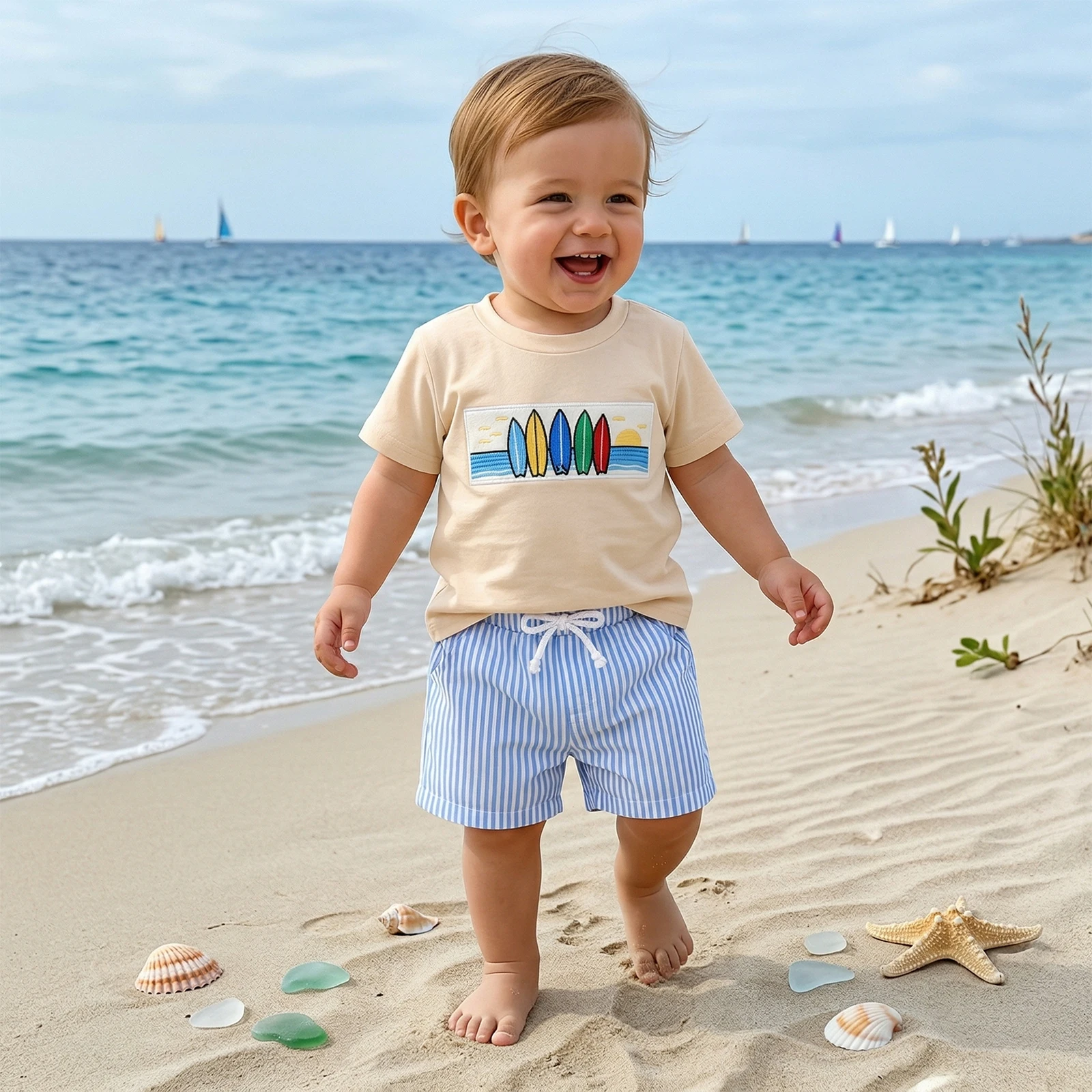 Toddler Baby Boy Summer Outfit Casual Beach-themed Embroidered Crew Neck Short Sleeve Tops and Striped Shorts 2 Pcs Set