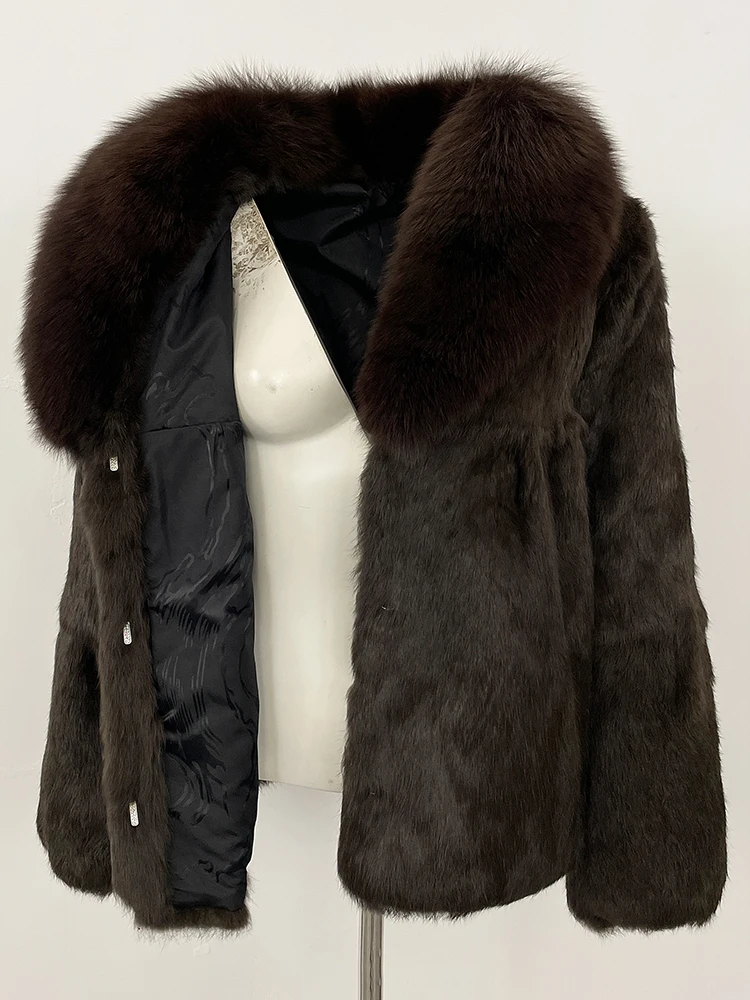 2025년 신상 여성 천연 토끼털 코트 두꺼운 따뜻한 상의 여성 패션 플러피 리얼 폭스 퍼 칼라 재킷