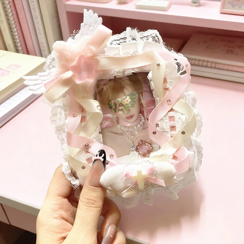 Handmade Pink White Lace Bow 3 Inch Decor Photo Frame, Angel Wing Decor, Multi‑Layer Ruffled Trim, Lolita Style, Anime Hobby Decor, Photo Display Holder, Picture Protector, Kawaii Collectible Supply