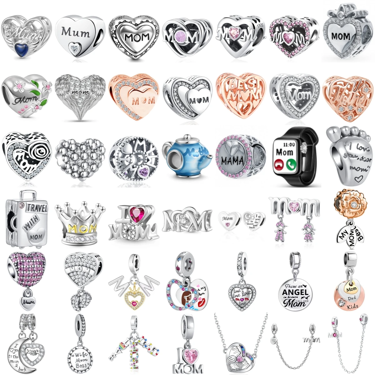 925 Sterling Silver Charm Beads MAMA Crown Footprint Watch Travel Suitcase Rose Flower Dangle Pendant Mother's Day Gift