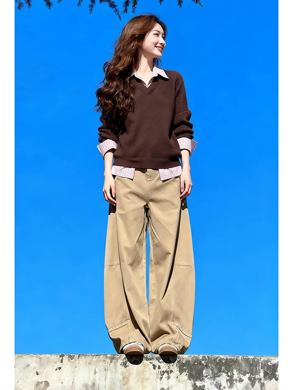 

Женские джинсы в стиле ретро, американские, цвета хаки, свободные, прямые, с высокой талией, для осени и зимы, повседневные, рабочие, из денима