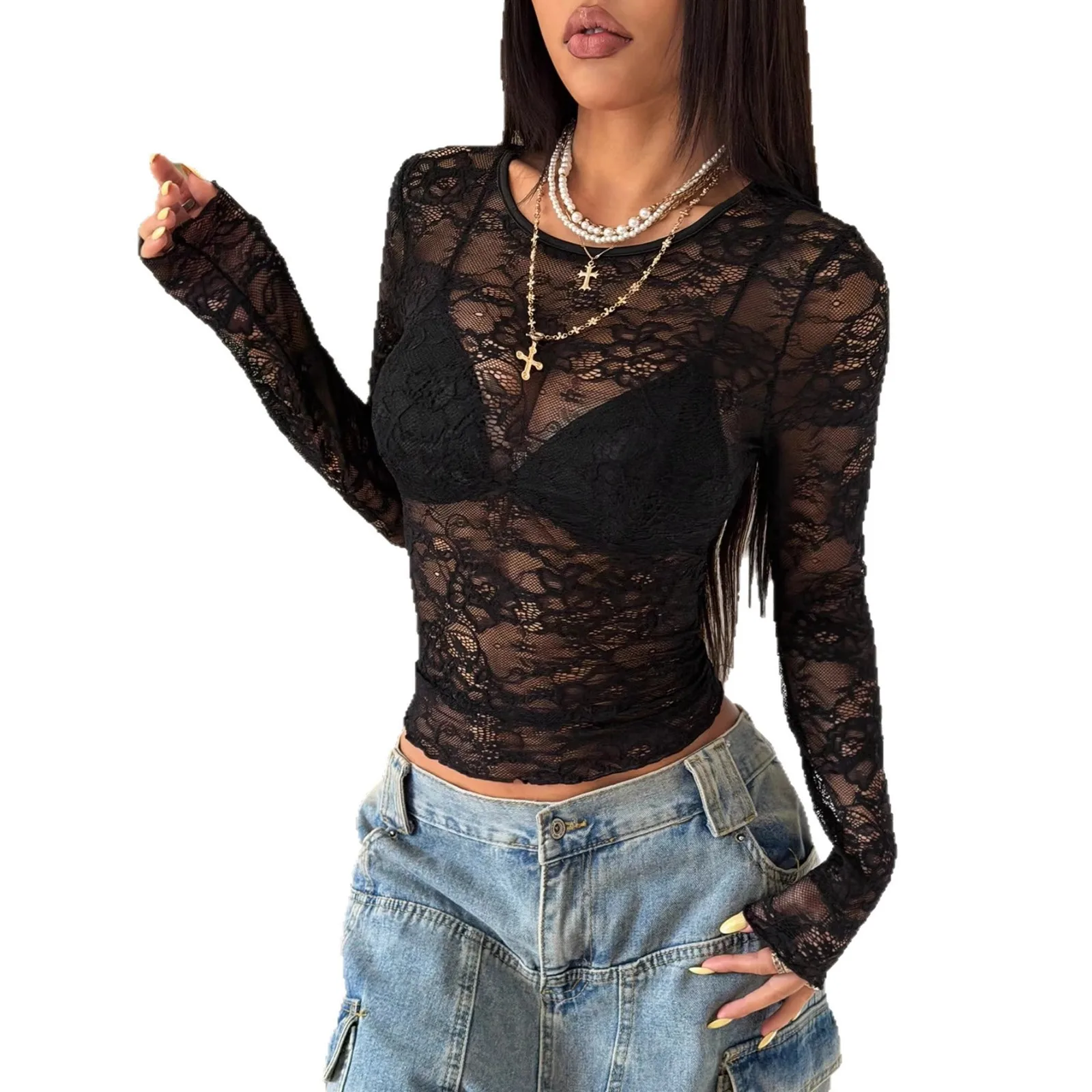 Women's Long-sleeve Blouse Crop Sheer Hollow Out Top Black Round Neck Slim Fit Lace Blouse Cream Floral Pullover Long Sleeve Top