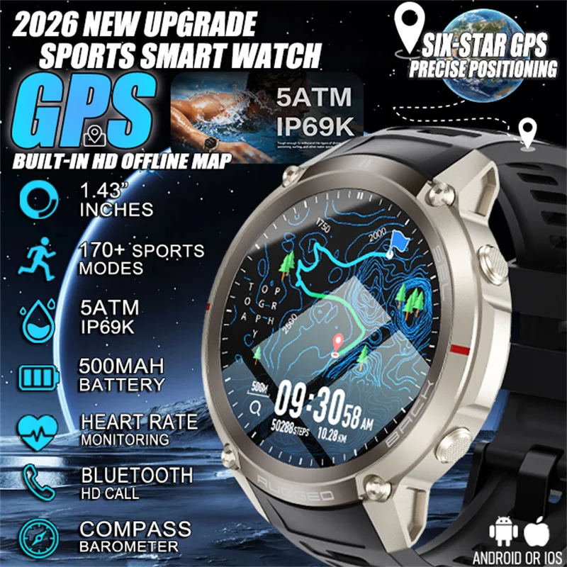 2026 New Outdoor Gps Sports Smart Watch Men'S Heart Rate Monitoring 5Atm Waterproof 1.43-Inch Amdled Smart Watch Hd Offline Map