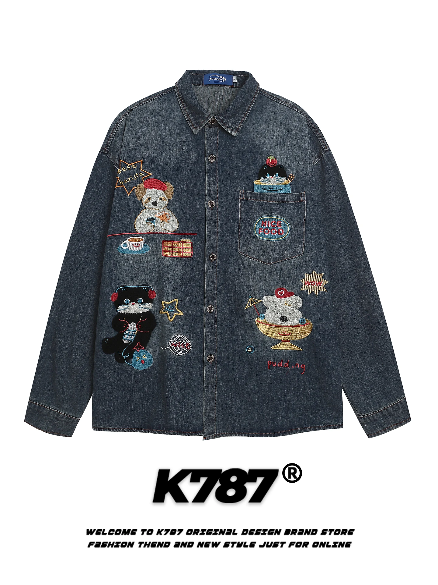 

K787 American Retro Waed Cartoon Embroidery Long Sve Jeans irt Loose Casual Top for Men Autumn Cotton Polyester Blend