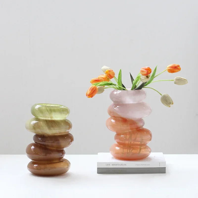 2026 Unique Glass Vase Geometric Pebble Stack Color Gradient Flower Vase Caterpillar Floral Arrangement Home Decoration Accessor
