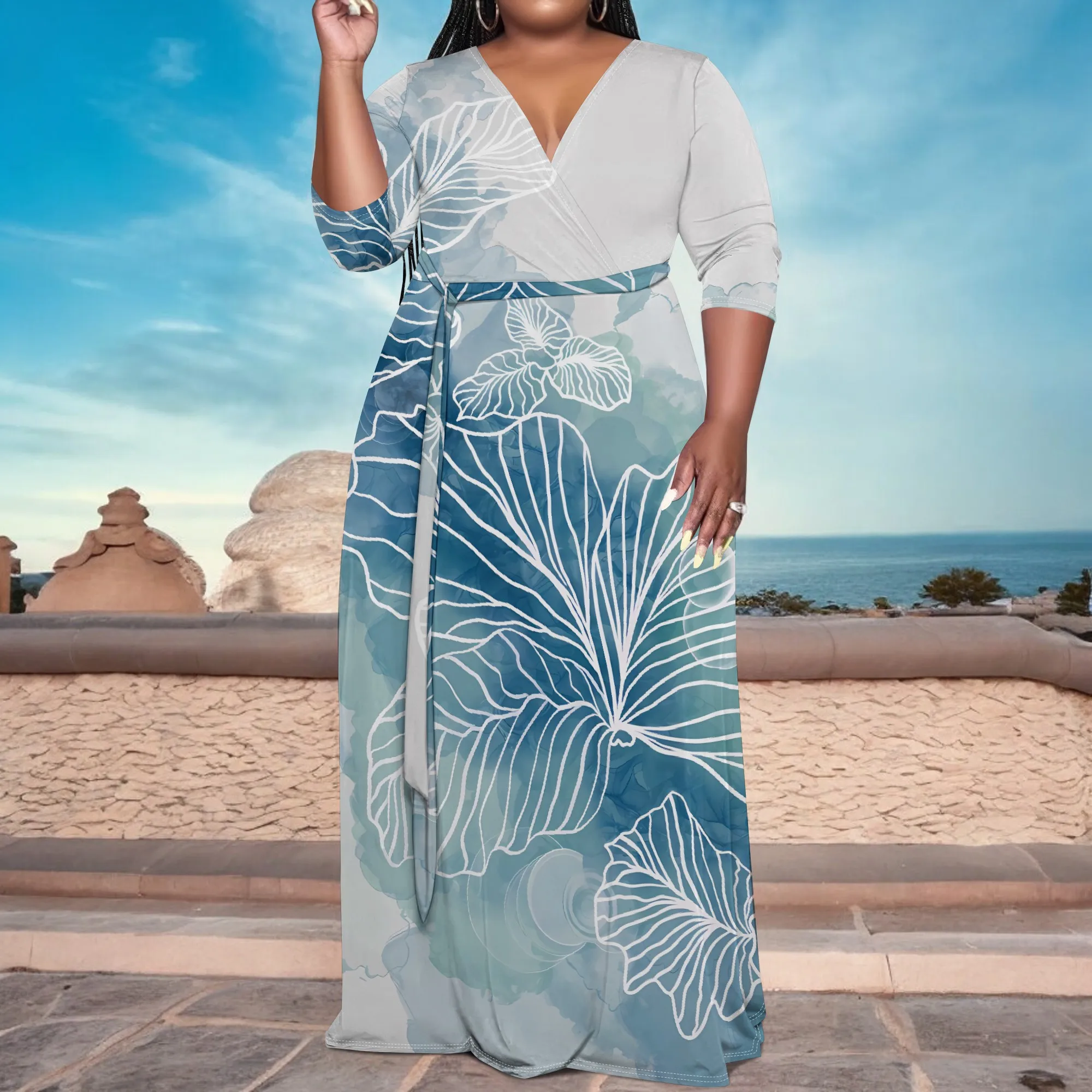 Nupusa jurk met bladprint voor dames, grote maten zomer, casual maxi-jurk met V-hals en halve mouwen