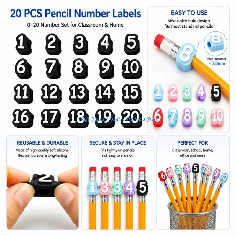 U2JE Numbered Pencil Organization Labels Reusing 20 Piece Set for Classroom Use