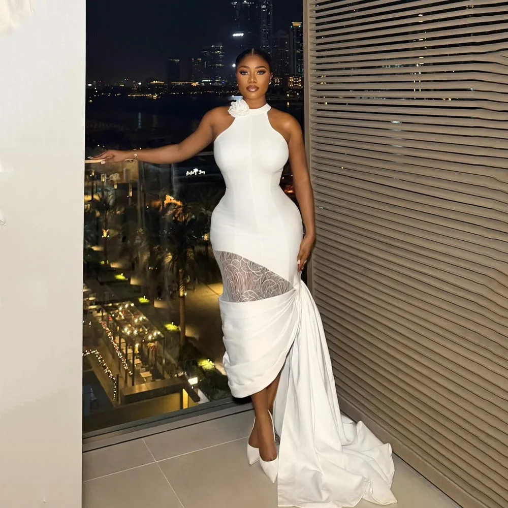 Satin Mermaid Midi Wedding Dresses For Black Women Halter Neck Sleeveless Party Gown For Birthday Wedding Guest