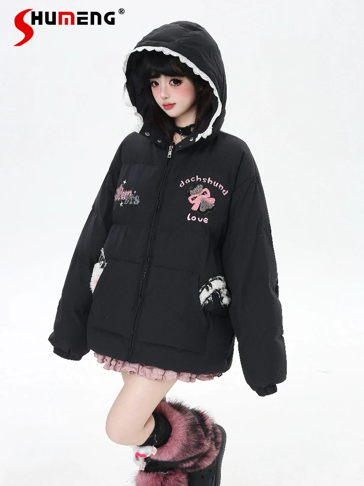 

Fashion Sweet Cool Girl Lazy Casual Warm Cotton Parkas Coats Cartoon Embroidery Zipper Hooded Thickened Winter Jackets for Women