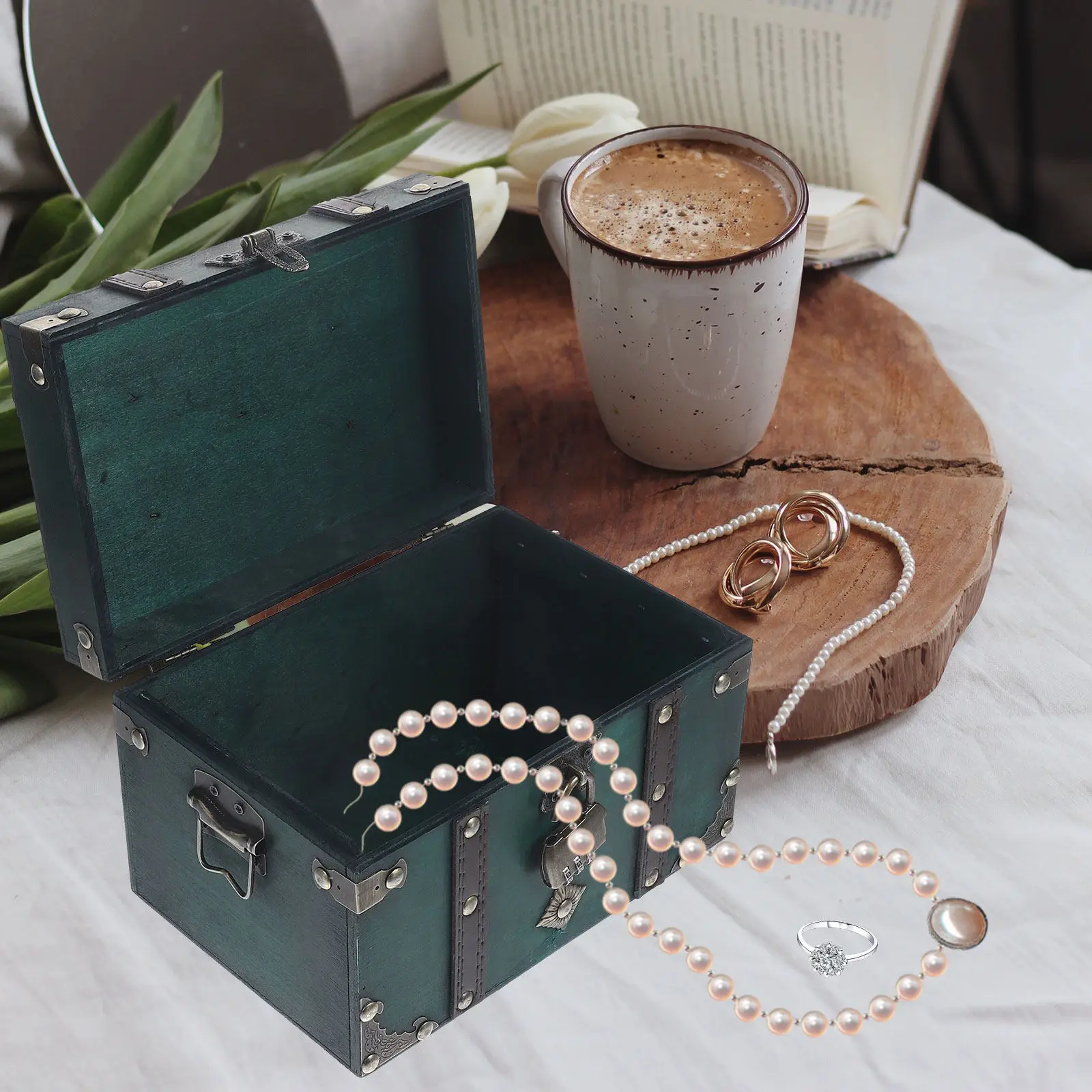 

Wooden Storage Box with Lid Vintage Jewelry Container Small Treasure Chest for Game Prop Family Gathering Decorative Display