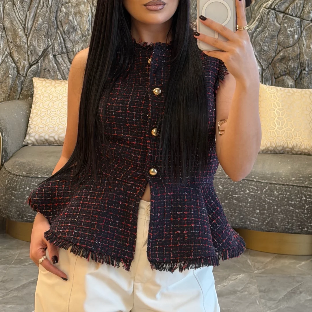 Womens Vintage Tweed Sleeveless Jacket Round Neck Gold Button Fringe Peplum Waistcoat Slim Fit Office Lady Elegant Tops