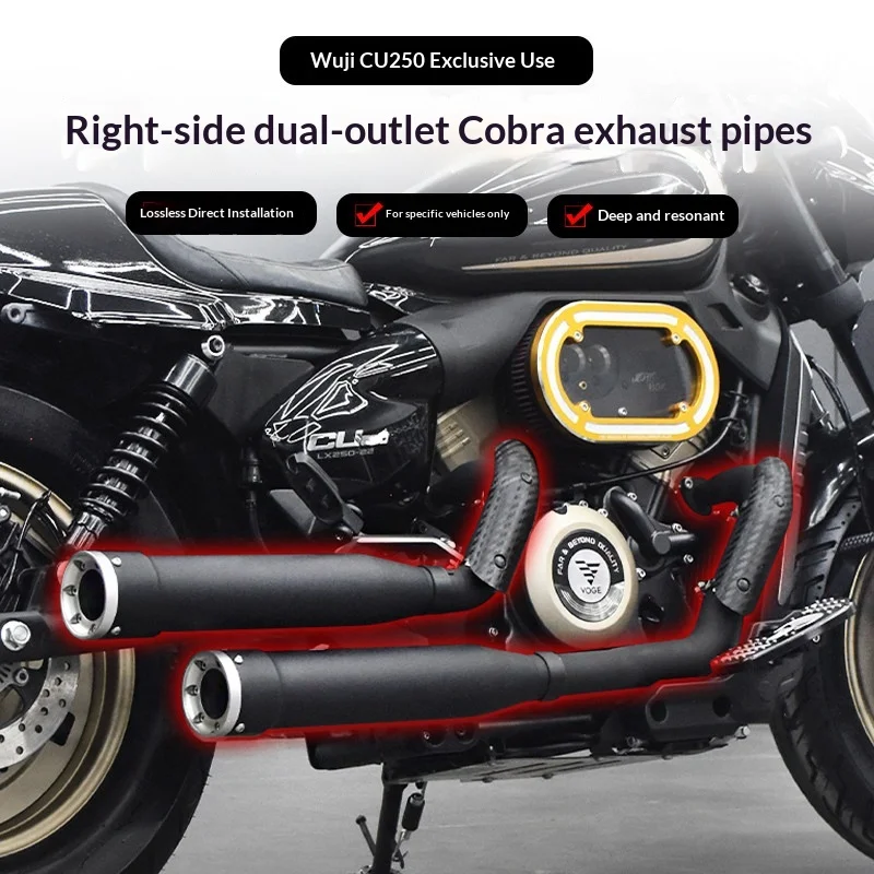 【Premium】For VOGE CU250 modified with Cobra exhaust system: full right-side retro dual-exhaust design for deep, rich sound