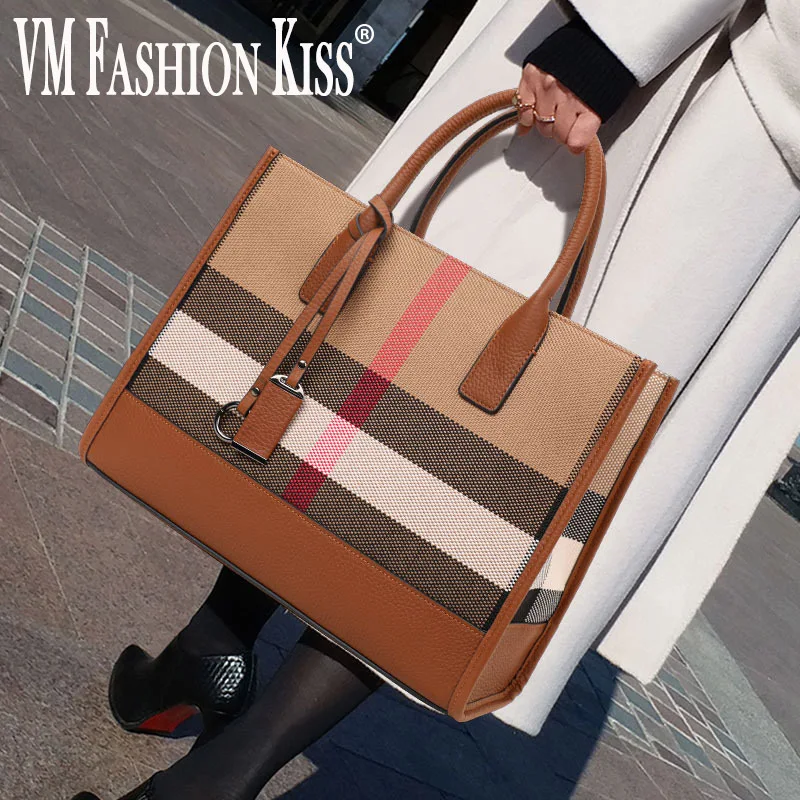 

VM FASHION KISS Large Capacity Women's Casual Totes Bags Stripe Canvas + Cowhide Leather Shoulder Bag Briefcase Crossbody Bag