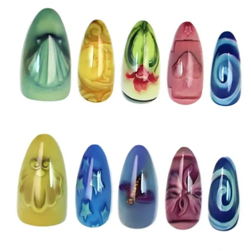 

24PCS Sweet Colorful Almond Fake Nails Full Cover with Shell Vortex Star Design False Nails Vintage Cute Press on Acrylic Nails