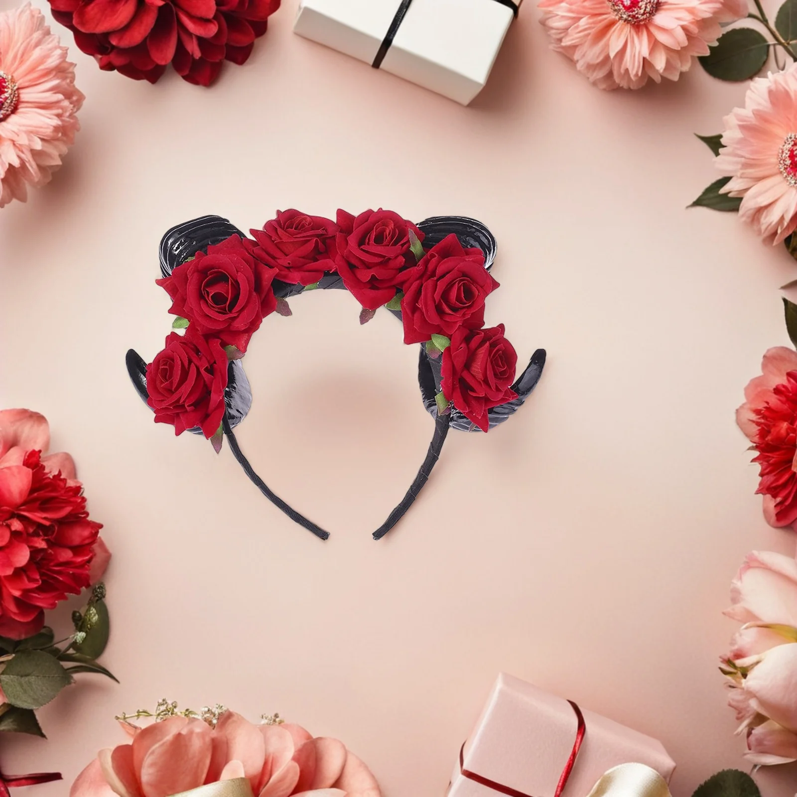 

Artificial Rose Headband Halloween Horns Red Flowers Cow Polyethylene Lightweight Reusable Costume Hair Accessories