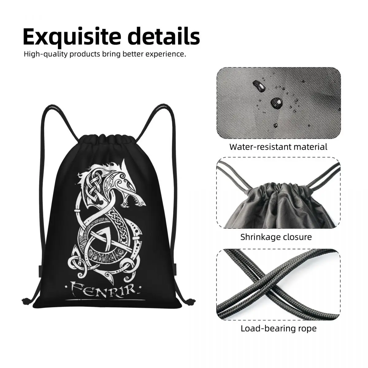 Fenrir Viking Escudo Mochila, Vikings Drawstring Malas, Gym Bag, Engraçado gráfico cobertor rolo aconchegante mochila, Grayscale, Novidade engraçada